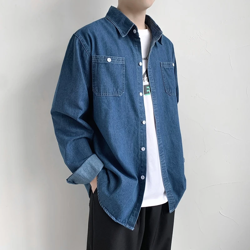 

Осень 2023, мужская повседневная рабочая одежда Long Sve irt, джинсовая верхняя одежда свободного покроя, молодежная модная однотонная одежда с квадратным воротником и деталями