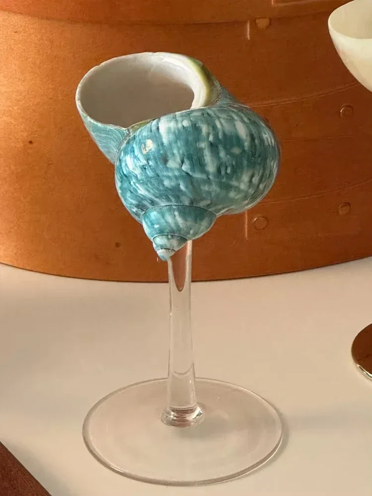 Vintage Desktop High Footed Champagne Glass Creative Natural Conch Hand Carving Photography Props Home Barware Decoration