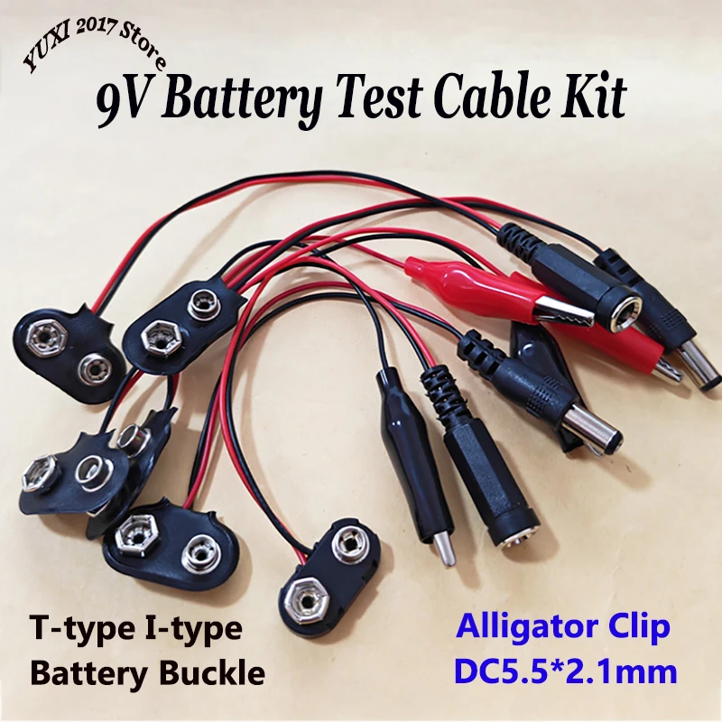 9V Battery Clip Cable Kit T/I Type 6F22 Square Battery Connector to Alligator Clip DC2.1mm Plug 15cm Wire For DIY & Multimeter