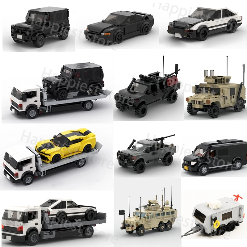 

MOC City Military Car Vehicals Flatbed Trailer Truck Building Blocks G63 SUV AE86 GTR R32 Model Combat Bricks Sets Boy Toys