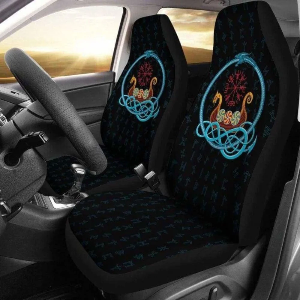 Viking Vegvisir Drakkar Longship Car Seat Covers,Pack of 2 Universal Front Seat Protective Cover