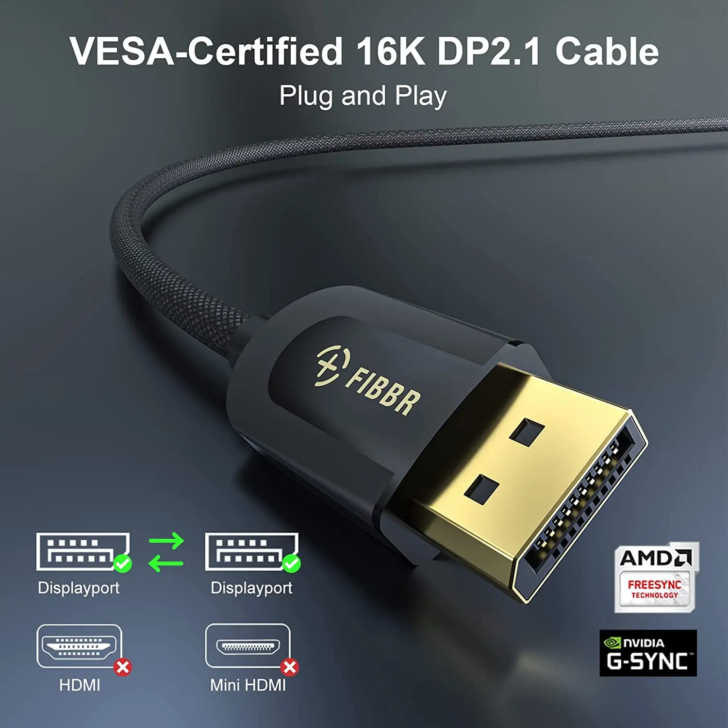 FIBBR 40Gbps Displayport 2.1 Cable DisplayPort 2.1 cable is VESA certified, compatible with VESA DP 2.1 DP2.0 standard HDTV