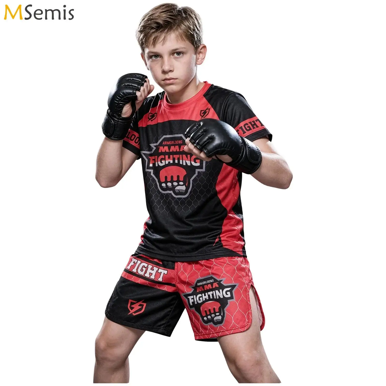 Kids Boys Girls Kickboxing Muay Thai Boxing Outfit Letter Print Sports Training MMA Fighting Suit Rashguard Top with Shorts