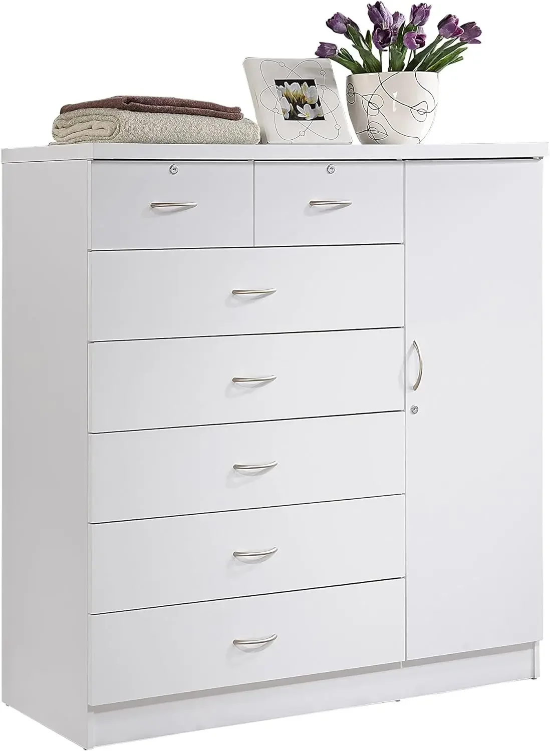 

Hodedah 7 Drawer Jumbo Chest, Five Large Drawers, Two Smaller Drawers with Two Lock, Hanging Rod, and Three Shelves | White