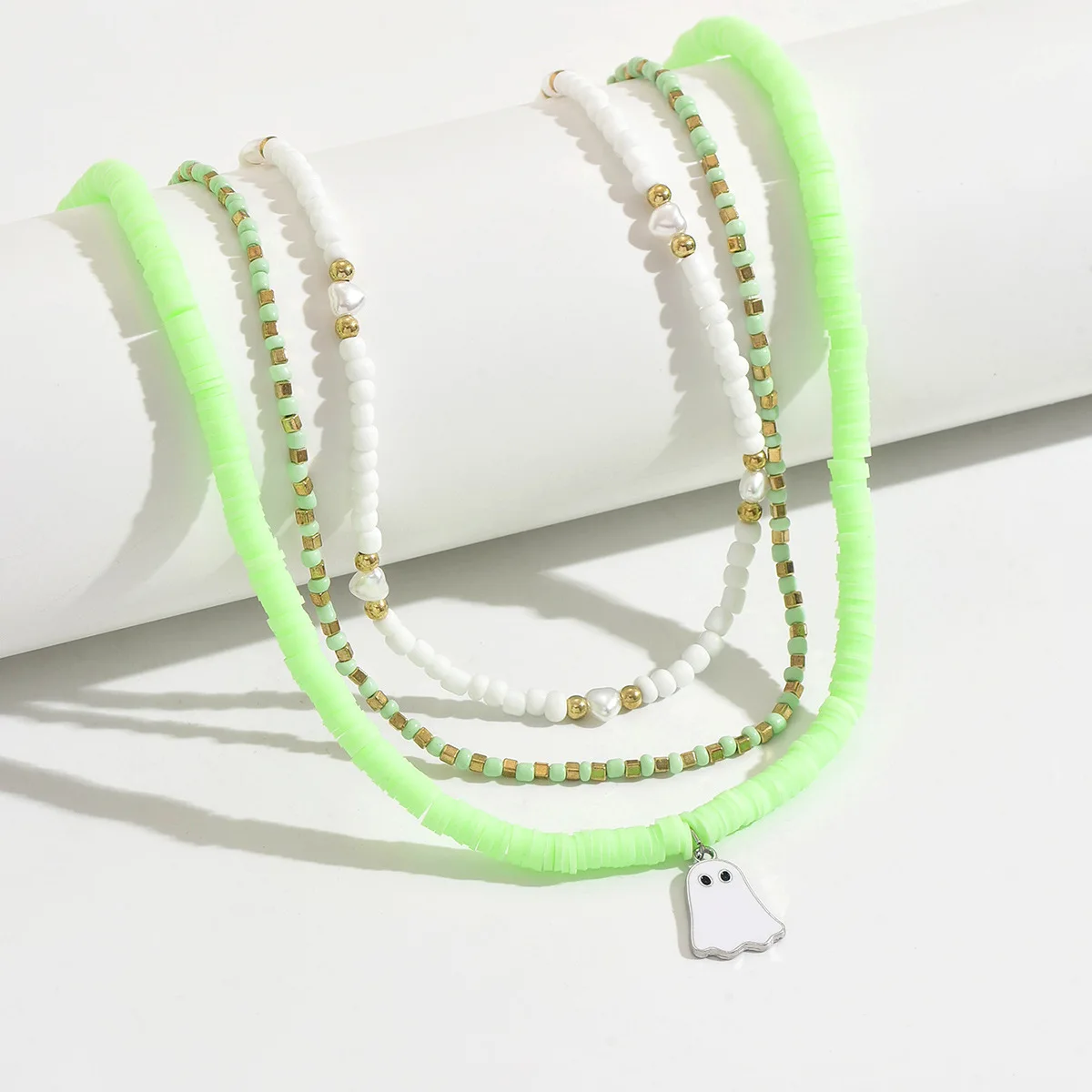 قلادة بوهيمية مطرزة بطبقات مع قلادة شبح الهالوين - قلادة طين سيراميك للنساء مجوهرات قوطية عصرية