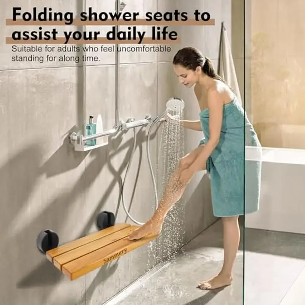 Foldable Teak Shower Bench Wall Mounted Waterproof Ergonomic Design Space-saving Fold Down Seat