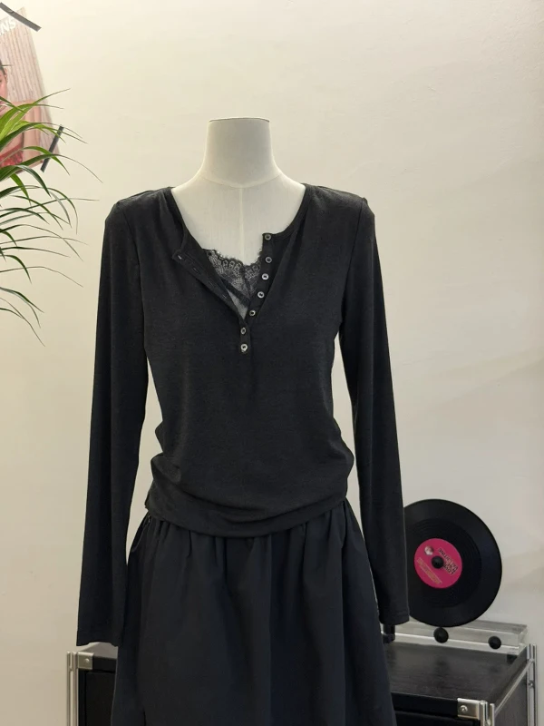 Design Sensation Lace Trim Splice Slim Fit Long Sleeve T-Shirt Half Button Autumn Pure Desire Style Women's Fashion Cotton Blend