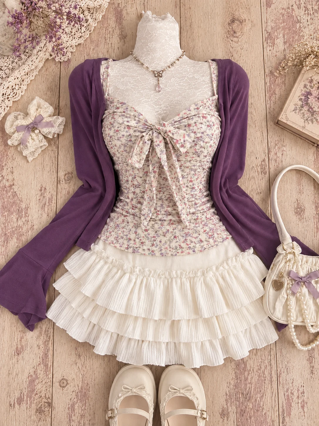 Korean Y2k Vintage Preppy Style 2 Piece Set Women Sweet Bow Knitted Cardigan Ruffles Plaid Mini Skirt Fashion Lolita Outfits New - view 4