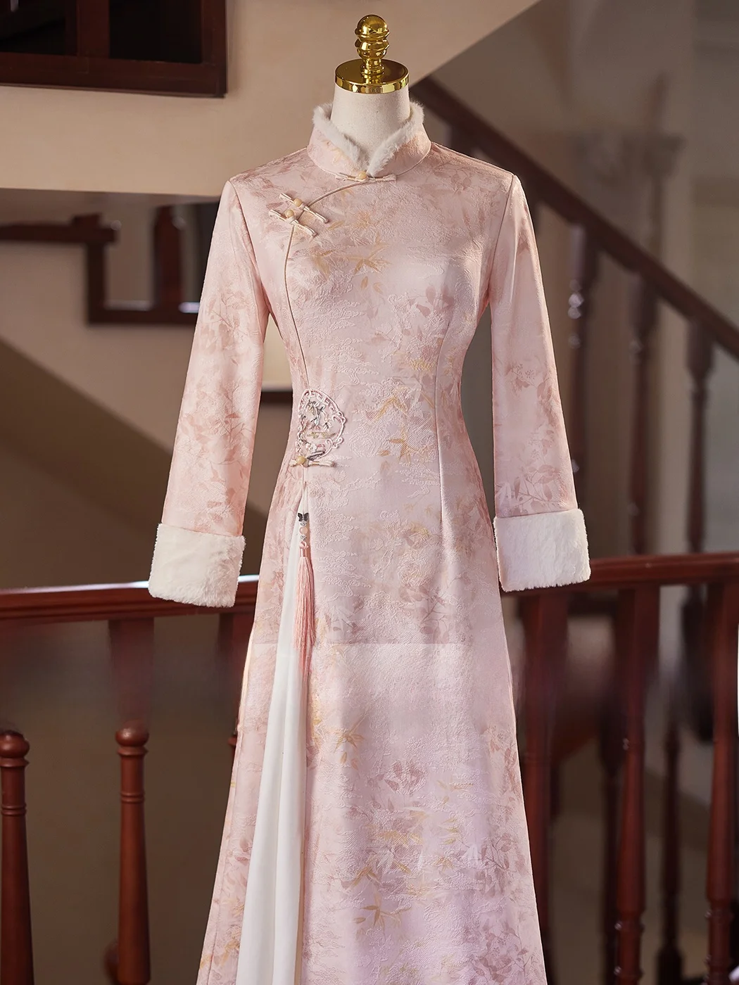 

Розовое утепленное длинное платье-ципао в китайском стиле для свадьбы и помолвки, высококачественное, для повседневной носки, в винтажном стиле, обновленная модель