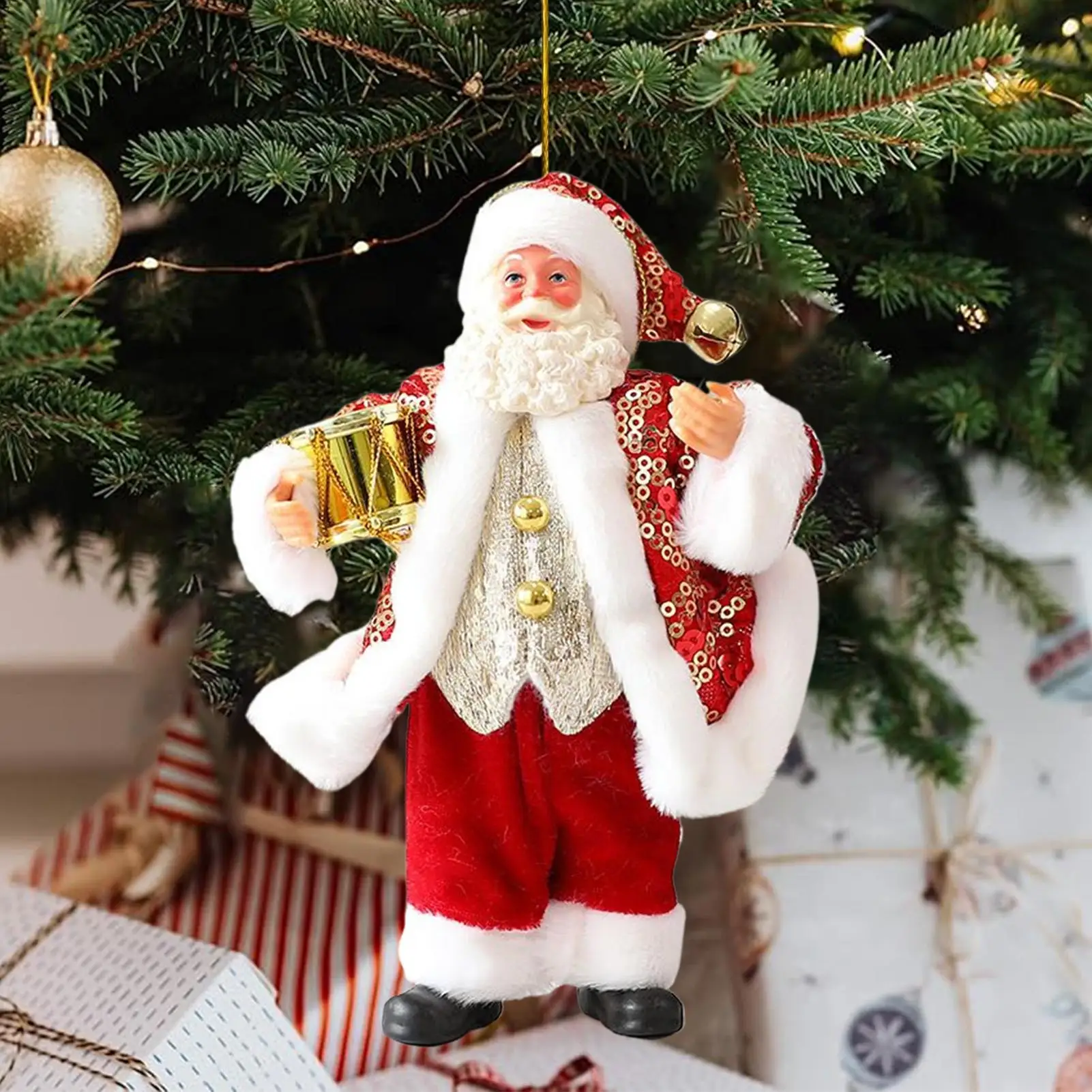 Santa Ornaments 7 Inch Christmas Centerpiece Santa Claus Statue Holding Instruments For Tree Shelf Window Table Indoor Garden
