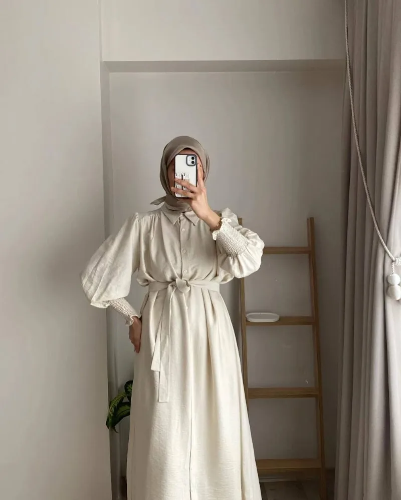 Damen Einfarbiges Hemdkleid Abaya mit Revers, Puffärmeln, Gerafften Ärmeln, Langen Ärmeln, Taillengürtel, Maxi-Kleid, Bescheidenes Dubai Islamisches Tägliches Outfit – Detail 2