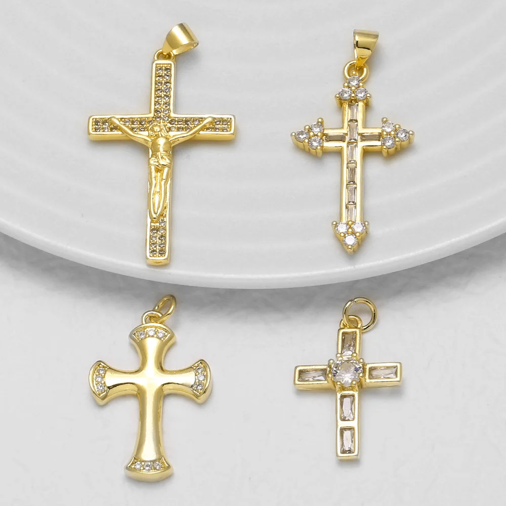 OCESRIO White Crystal Jesus Big Cross Pendant for Necklace Copper Gold Plated Crucifix Handmade Jewelry Making Supplies pdta266