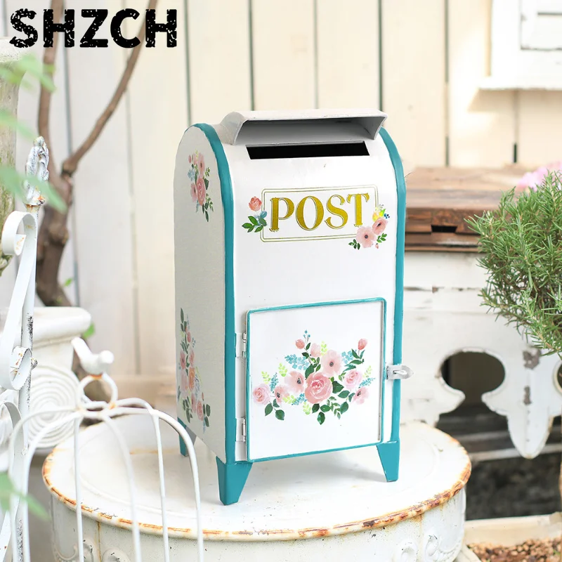European Vintage Mailbox Iron Floor Standing Post Box for Courtyard Rustic Grocery Storage Container Home Decorative for Garden