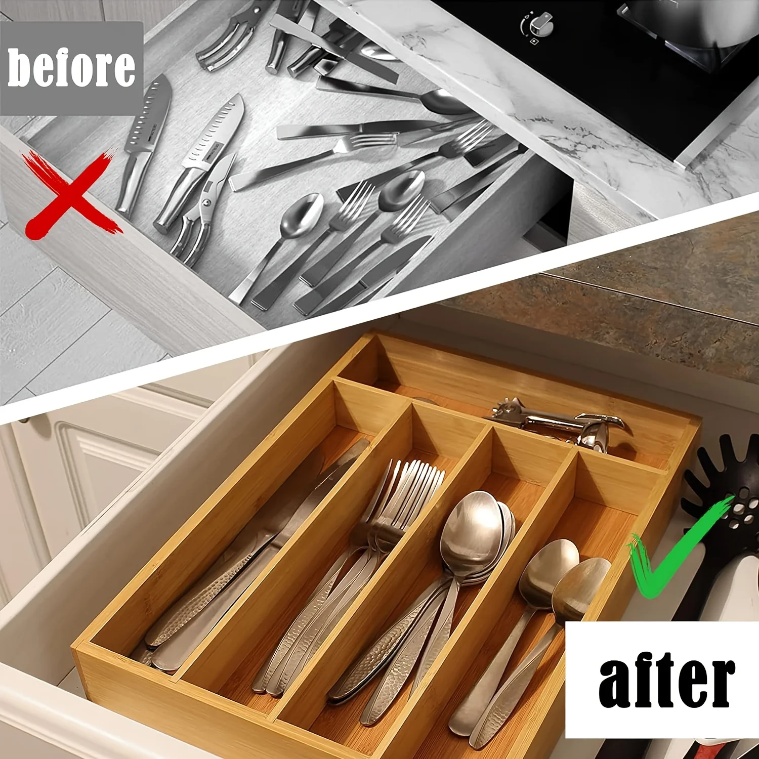 Bamboo Kitchen Drawer Organizer, Silverware Utensil Holder for Samll Drawer, Silverware Organizer for Cutlery Knives - view 6