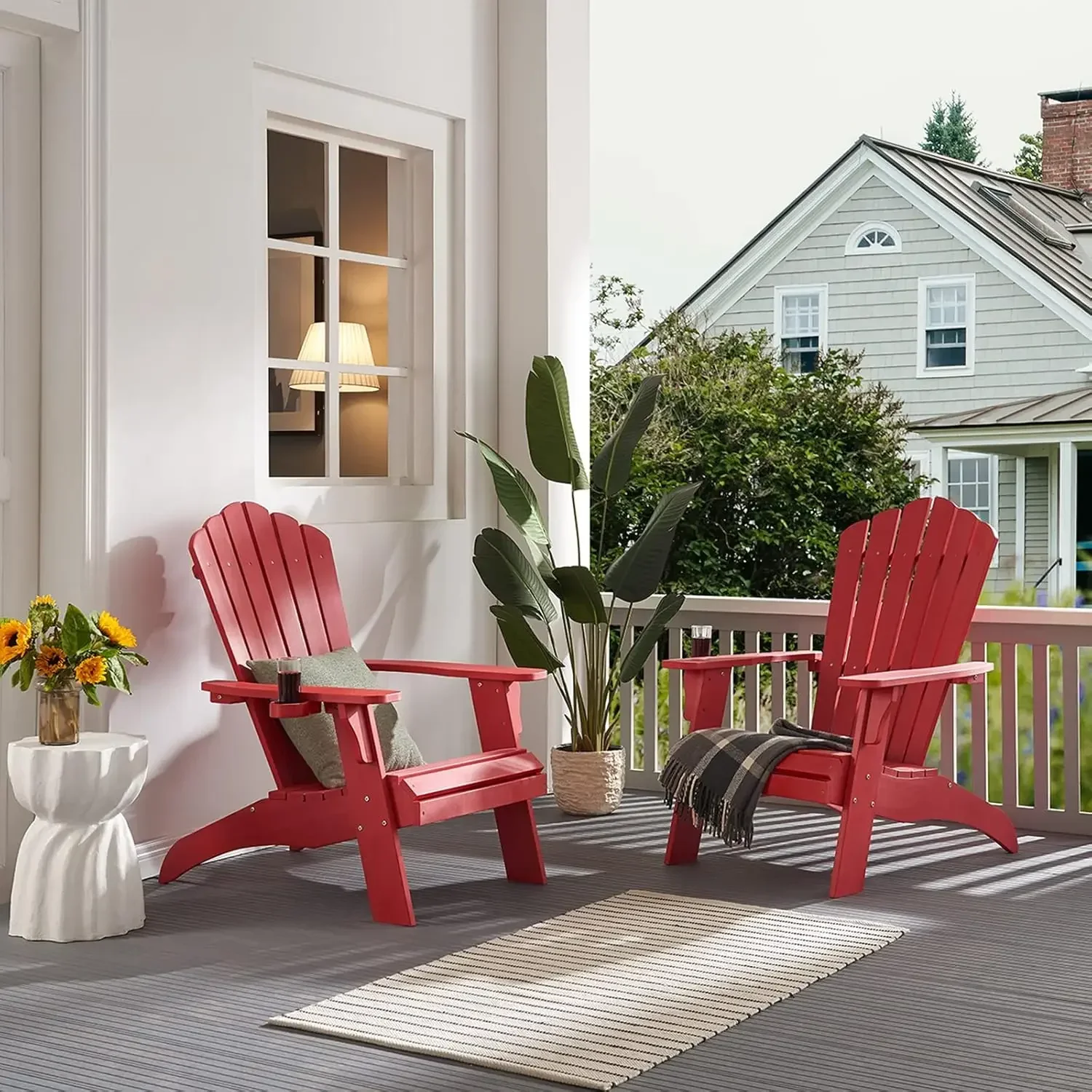 Adirondack Chair, Oversized Poly Lumber Fire Pit Chair with Cup Holder, 350Lbs Support Patio Chairs for Garden (Red)