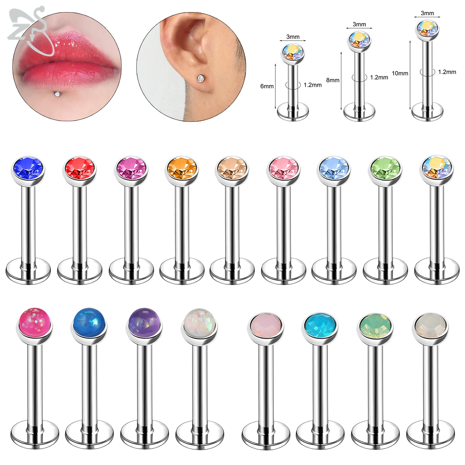 ZS 6pcs/lot Plug-in Style Stainless Steel Lip Labret Piercing Women Men Opal CZ Crystal Threadless Helix Monroe Piercings 6-10MM