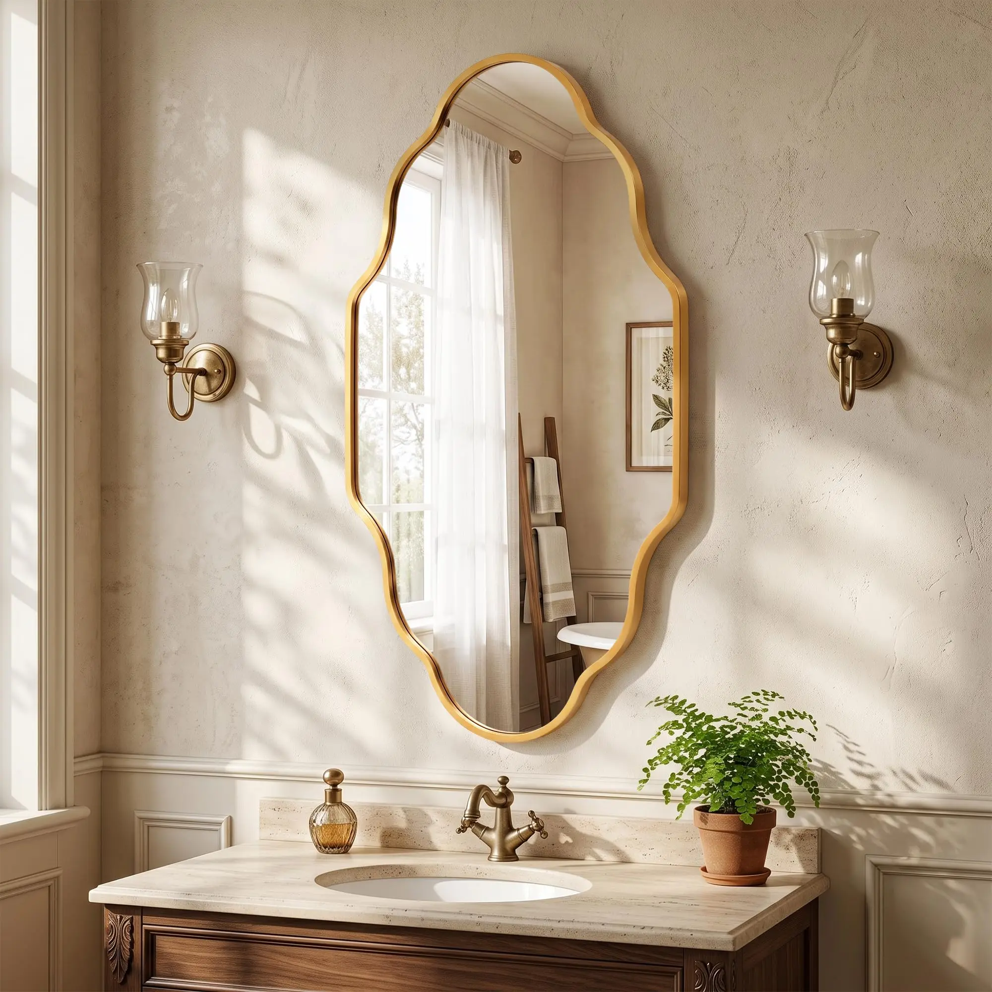 pus Gold Scalloped Bathroom Wall‑Mounted Mirror, Premium Metal Fe HD Explosion‑Proof Glass Mirror, Decorative Wall