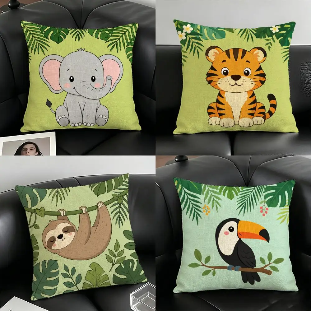 Cartoon Animal Zoo Hold Cushion Cover Natural Linen Organic Fabric Double-Sided Printing Breathable For Home Decor