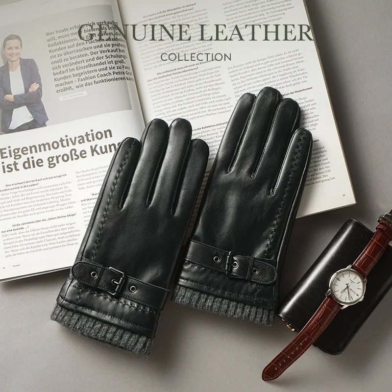 

Men's Autumn and Winter New Fashion Luxury 100% Genuine Leather Gloves Warm Driving Head Sheepskin Touch Screen Black Gloves