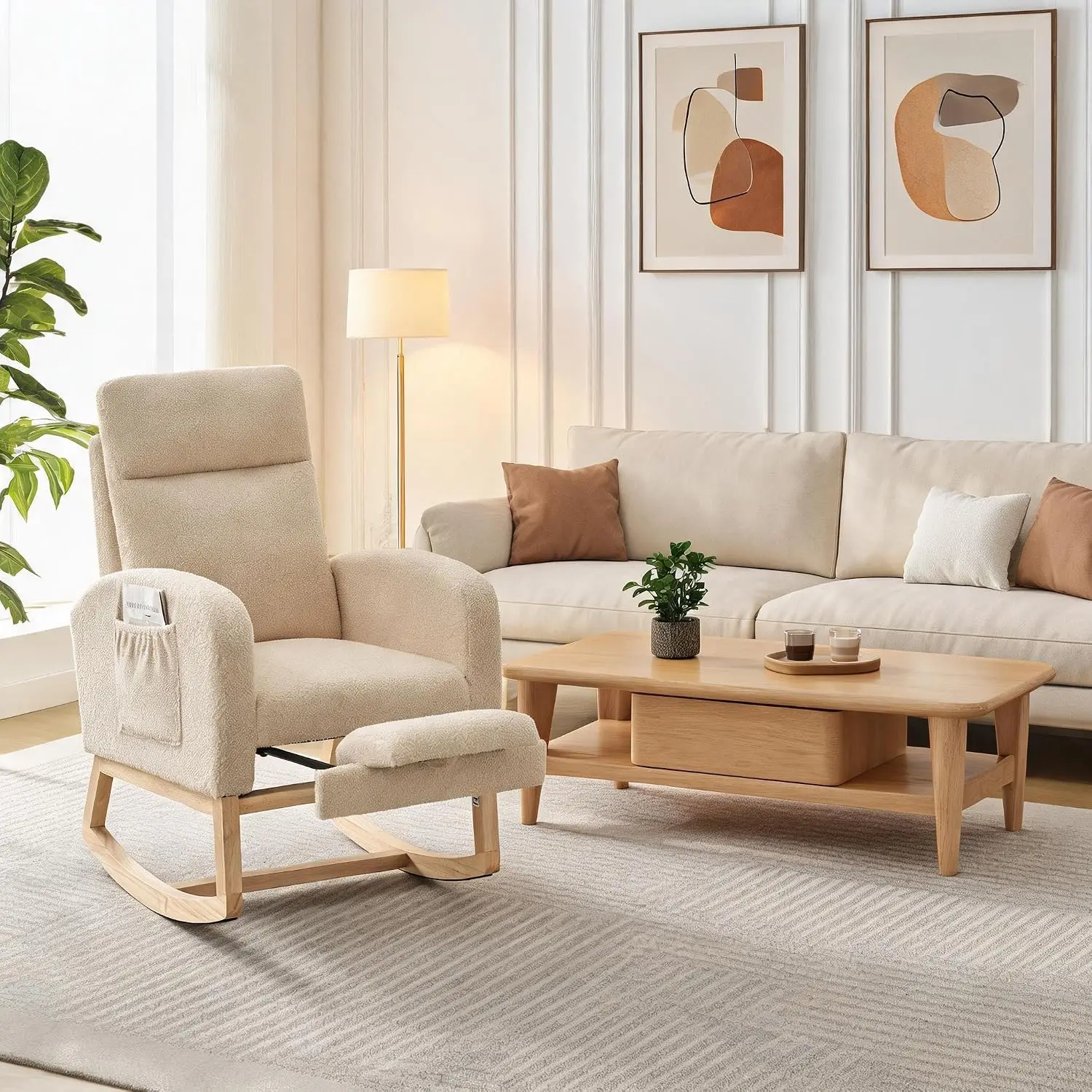 Reclining Rocking Chair with Adjustable Footrest & Side Pocket – High Back Armchair with Wooden Base for Nursery, Living Room & Bedroom,Velvet