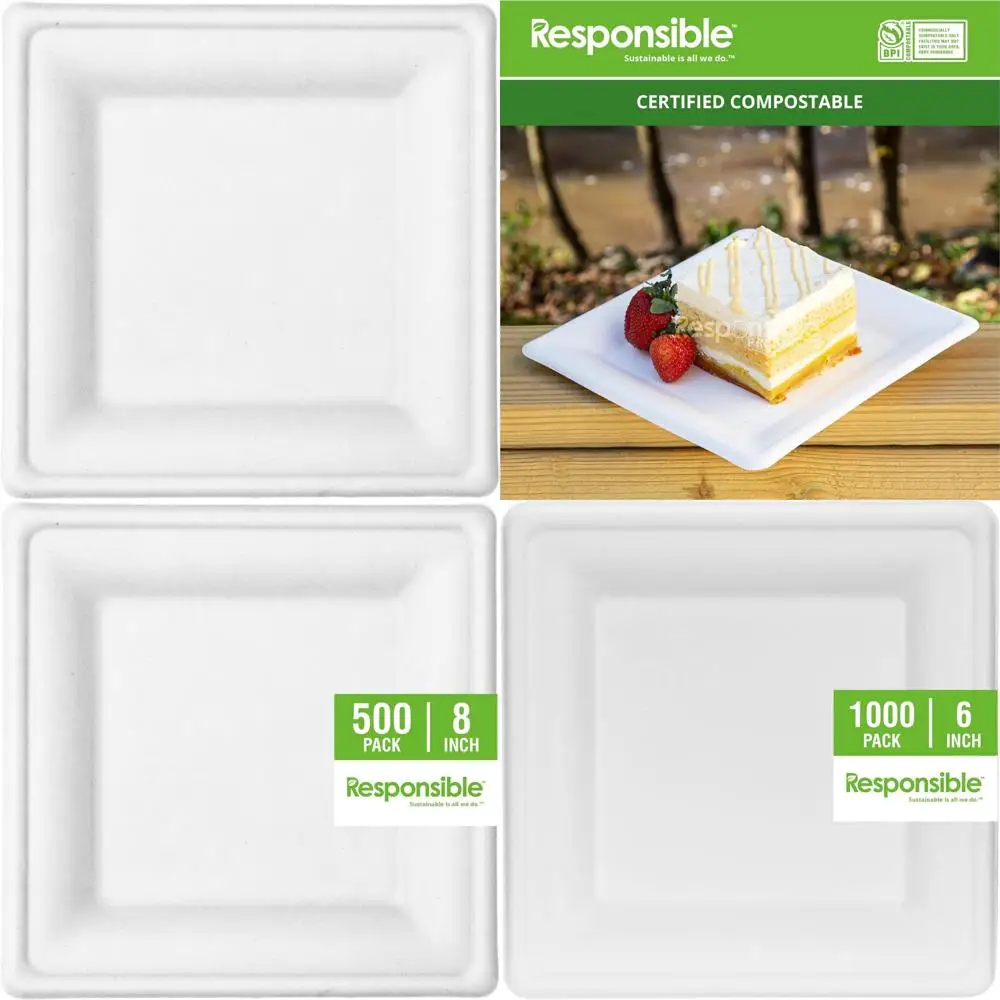 

100% Compostable Heavy Duty 8 Inch Square White Paper Plates - Biodegradable Disposable Plates, Bulk 500 Pack for Eco-Friendly E