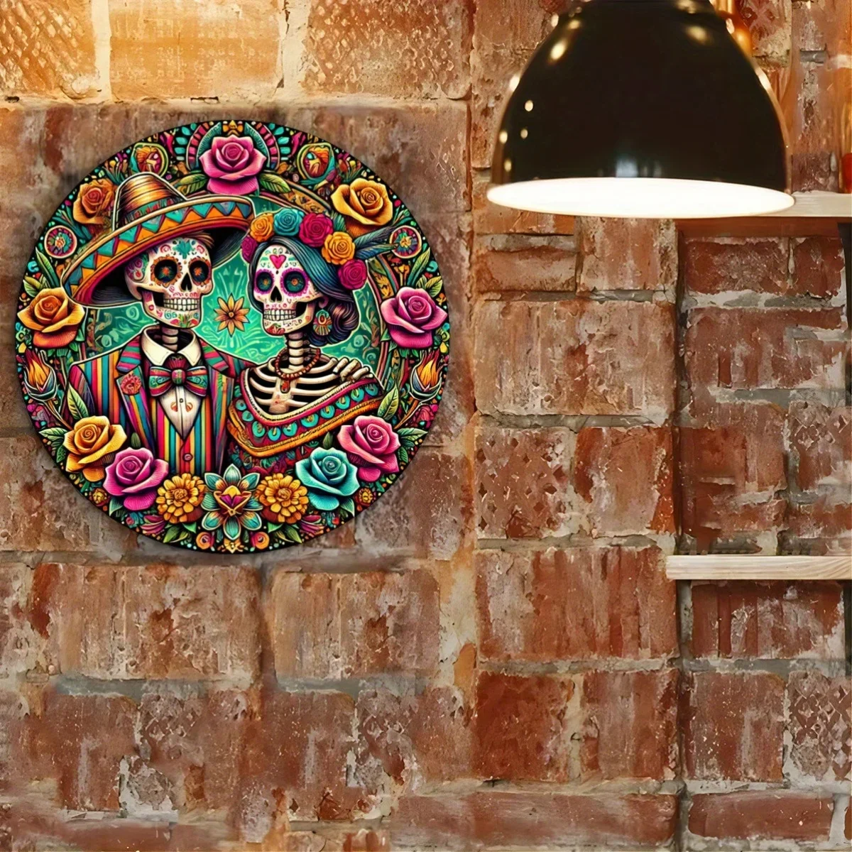 قطعة واحدة من لافتة خشبية مسطحة دائرية ثنائية الأبعاد، شعار إكليل بنمط هيكل عظمي يوم الموتى، مناسب لتزيين يوم الموتى