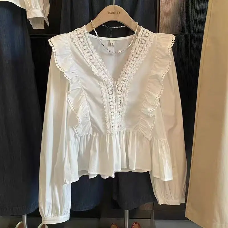 

Shirts for Women Autumn 2025 New Ruffled Wrap Irregular Long Sleeve Casual Top V-Neck Solid Female Fashion Blouse Korean Fashion