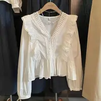 Camisas para mujer otoño 2025 nuevo abrigo con volantes Irregular manga larga Casual Top con cuello en V sólido moda femenina blusa moda coreana