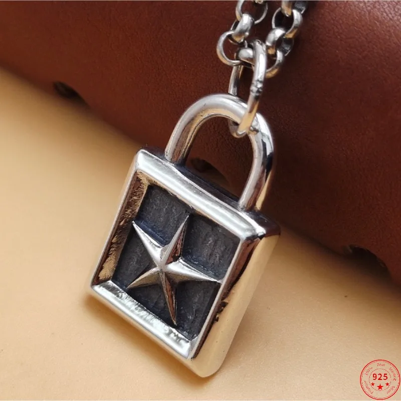 

S925 Sterling Silver Pendant for Men Women 2023 New Men's Fashion Five-pointed Stars Lock Pure Argentum Amulet Punk Jewelry