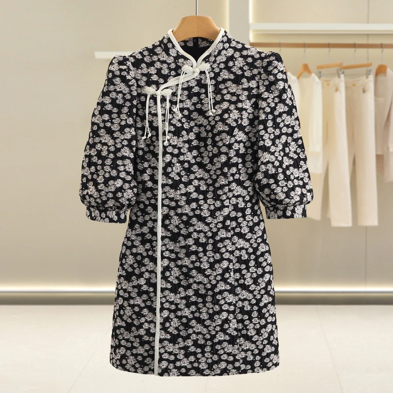 

Ele New Chinese Sle Floral Print Qipao Dr with Button Stand Collar ort Sve Women's Spring Faion Dr