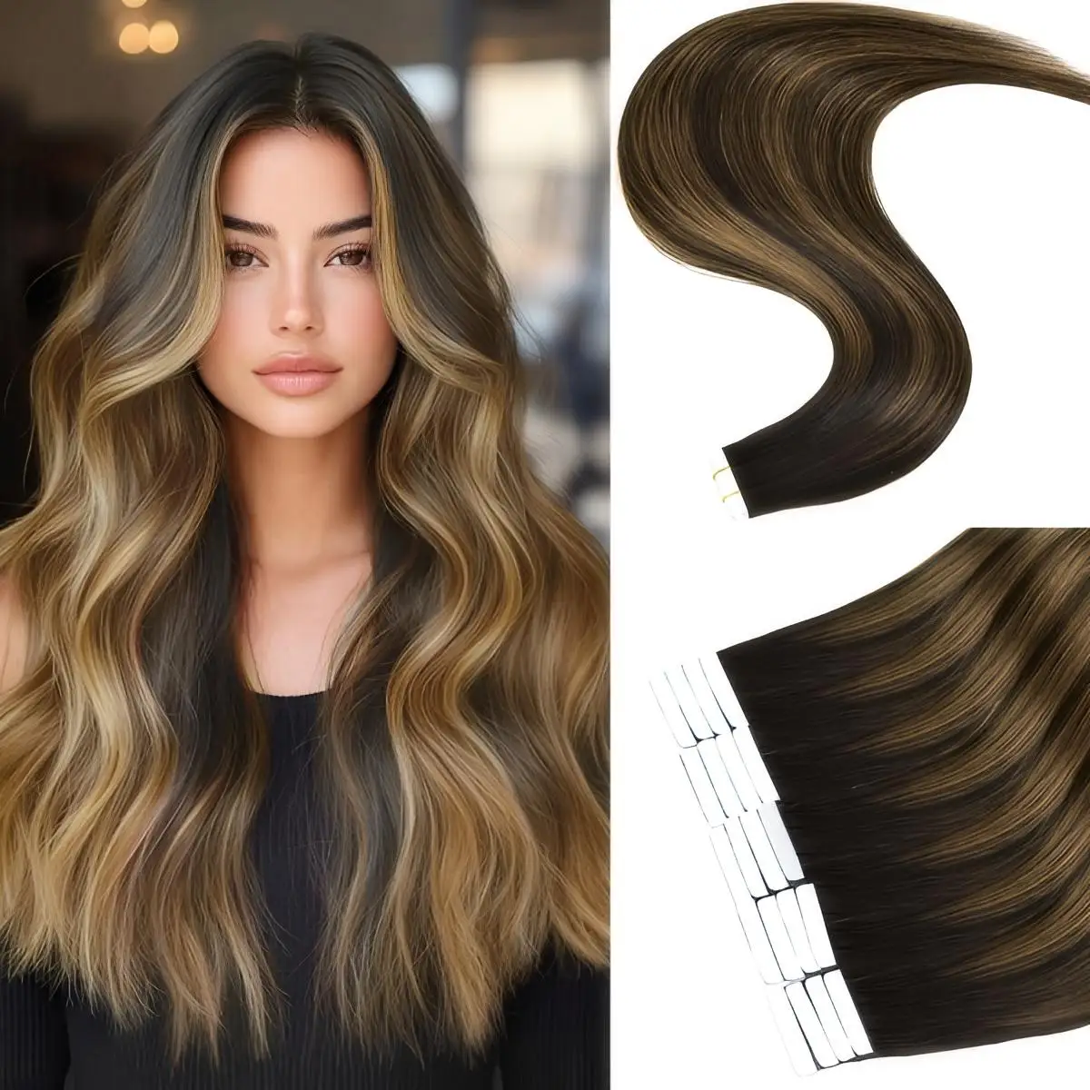 

20 шт., накладные волосы на ленте, 100% человеческие волосы Remy, цвет омбре, черный, с золотистыми волосами для женщин, добавление длины и объем волос, 50 г