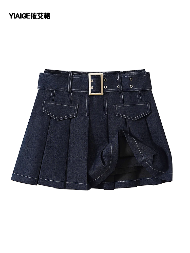 

High Waist Denim Mini Skirt Women Korean Vintage New Fashion Slimming Versatile Denim Button Lotus Leaf Pleated Skirts Female