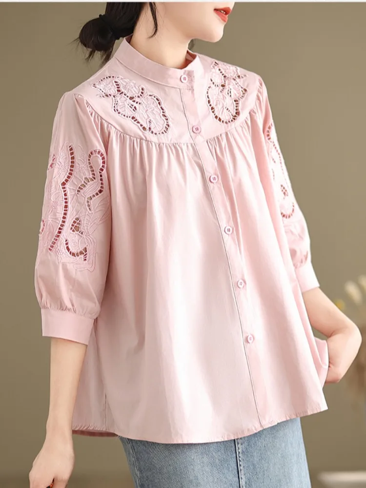 

2026 Hollow Embroidered Cotton Women Summer Color Large Size Youthful Stand Collar Top Mom's Upperwear