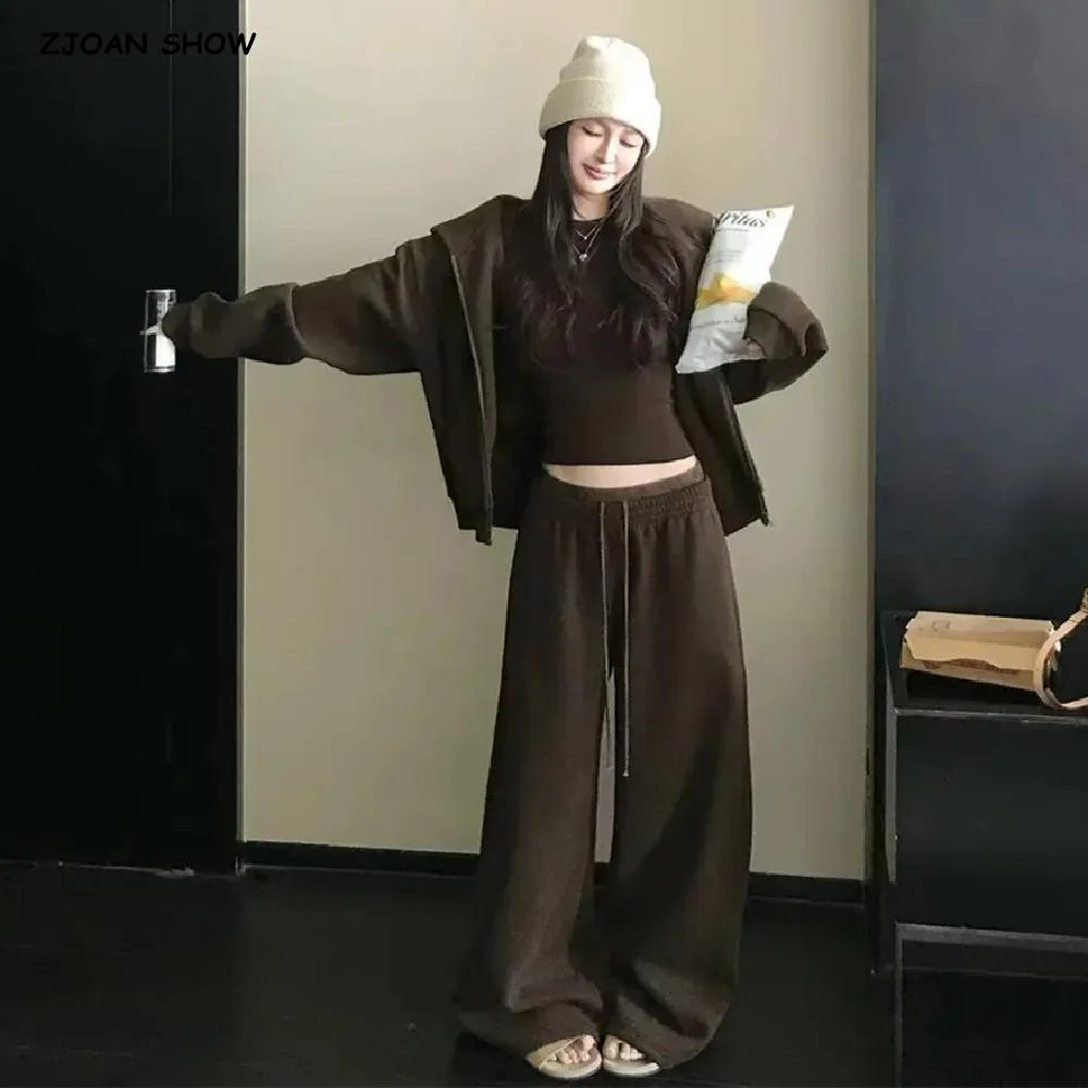 3pcs 1 Set Winter Zip up With Fleece Hooded Sweatshirt O neck Long Sleeve T-shirt Elastic Waist Wide Leg Pant Sweats Pants Suits