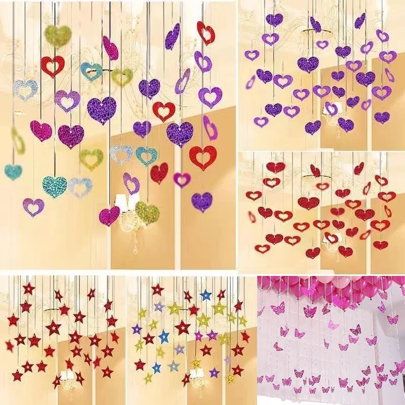 

60/80pcs Glitter Stars Heart Butterfly Balloons Pendant Ribbon Romantic Wedding Room Birthday Party Decoration Valentine's Day