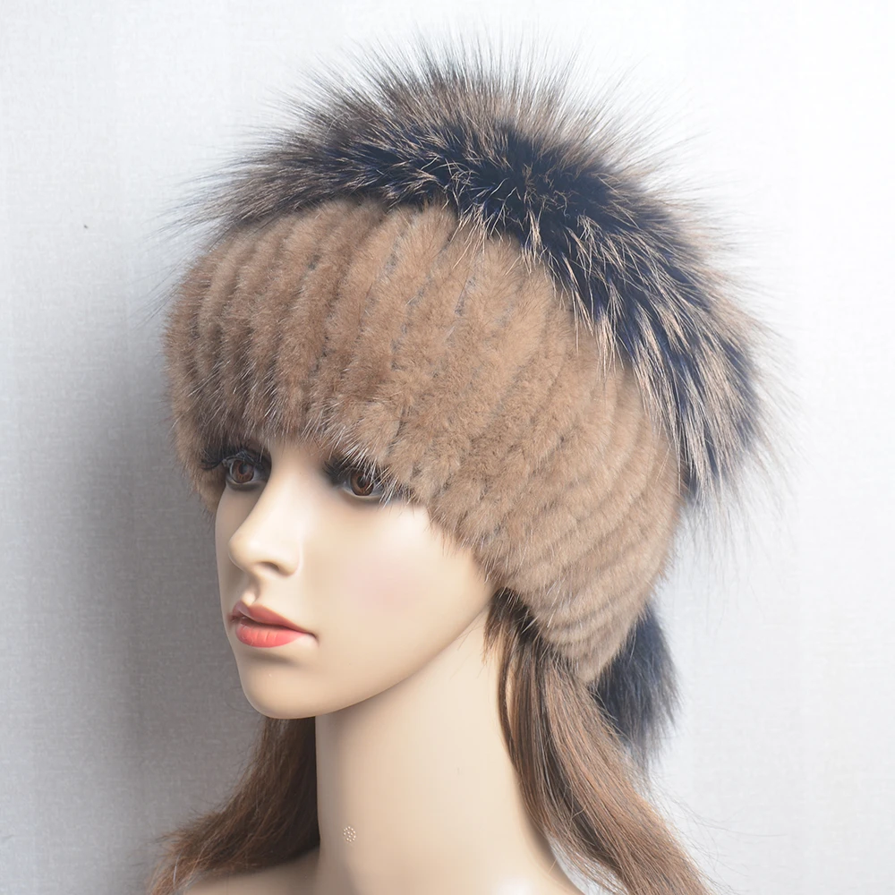 Luxury Lady Quality Elastic Real Mink Fur Caps Hand Knitted Winter Warm Women Real Mink Fur Bomber Hat Top Fox Fur Hats