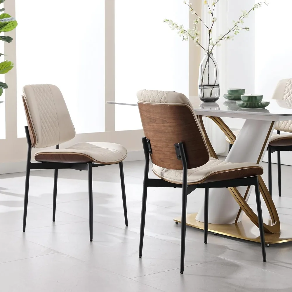 Kursi Makan BV Set 2, Kursi Dapur Tanpa Lengan Kulit PU dalam Gaya Walnut Modern, Kursi Samping Bentwood Abad Pertengahan dengan Logam L