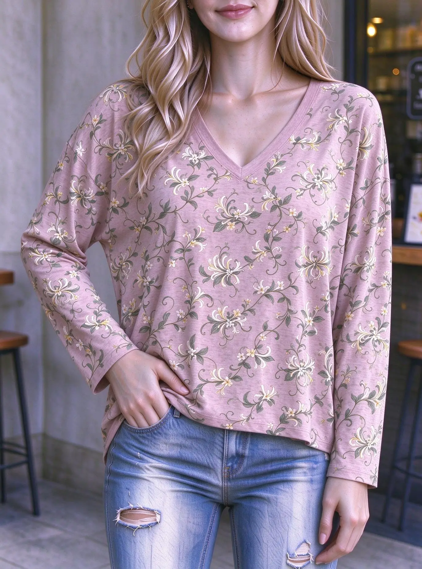 Women V Neck Long Sleeve Light Green Vine Floral Print Casual Top