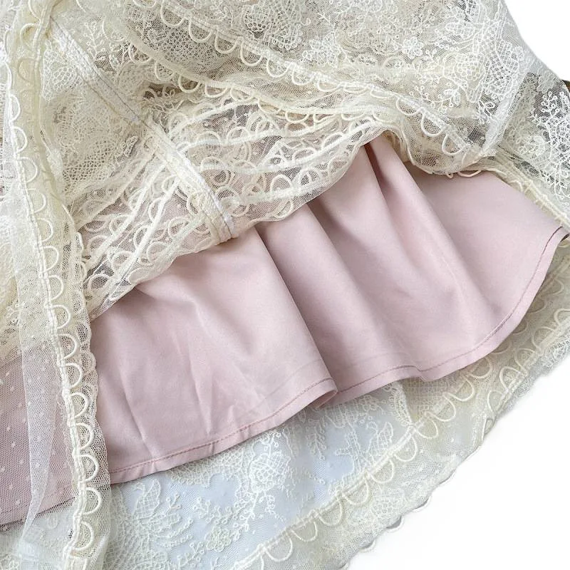 달콤한 짧은 수 놓은 꽃 허리 치핑 코트 드레스 여성 미니 스커트 스트리트 스타일 프린세스 가운 여름 시즌