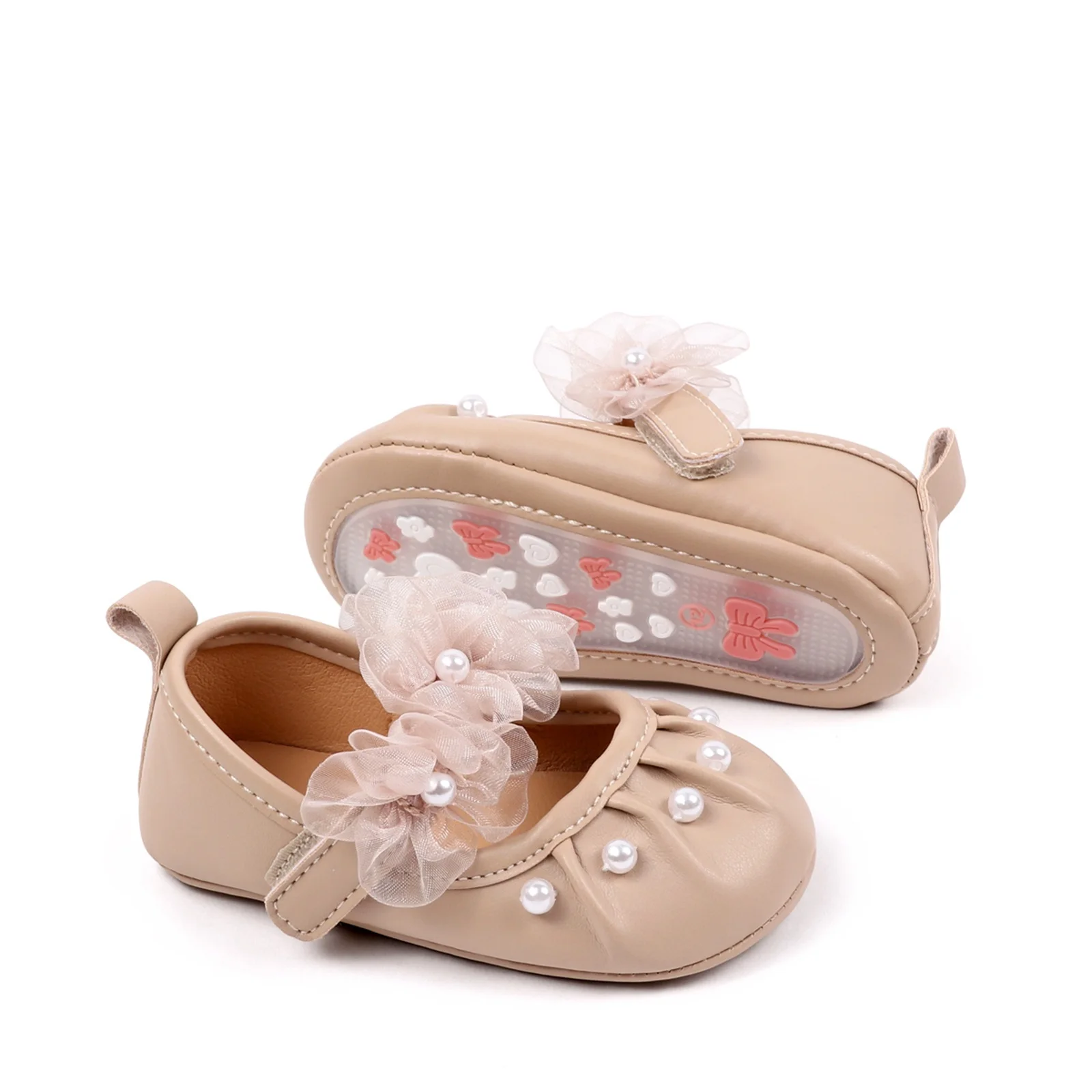 

0-18months Baby Girls Mary Jane Shoes Princess Cute Mesh Flower Pearl Design Soft Non-Slip First Walking Shoes