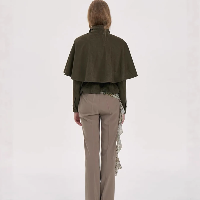 Giacca in Pelle Primaverile, Collo Alto, Doppiopetto, Stile Vintage, con Cintura, Trench Corto in Pelle Scamosciata per Donna