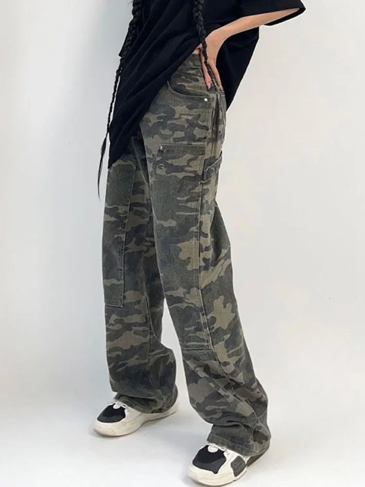 Camouflage Cargo Pants Women Y2K Streetwear Low Rise Jeans Retro Wide Leg Trousers Denim Straight Trousers Harajuku