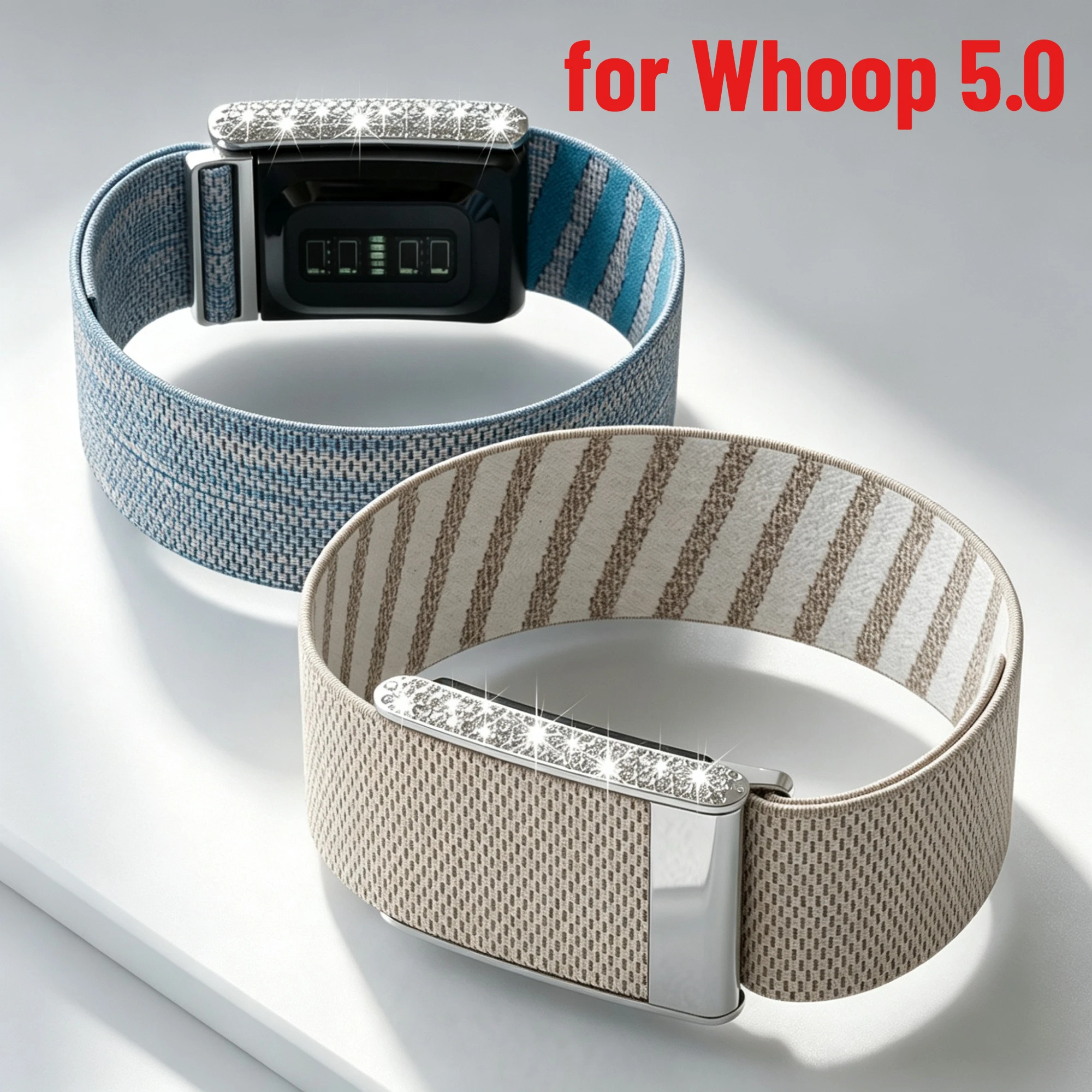 Bright Silver Diamond Studded U-shaped Frame Suitable for Whoop 5.0 Replacement Strap Elastic Band Nylon Casual Wristband