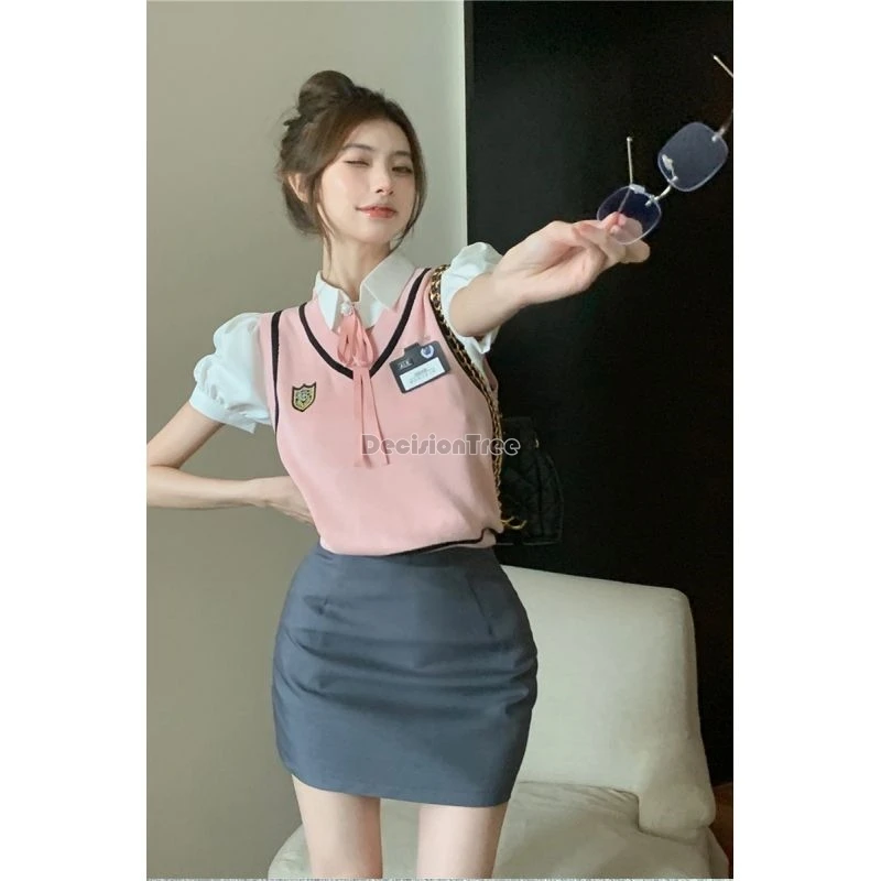 

2024 sweet lively style school uniform all match knitting vest slim versatile jk shirt short pack hip skirt academic style set