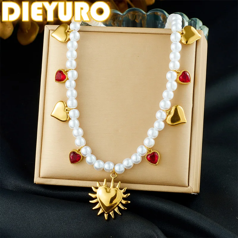 DIEYURO 316L Stainless Steel Golden HeartSun Red Heart Zircon Pendant Pearl Beaded Necklace Lady Neck Chain Jewelry Glamorous