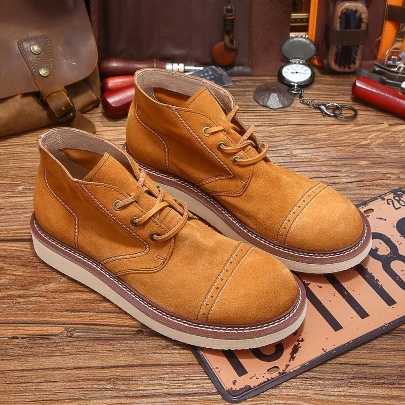 

Luxury Genuine Leather Mens Ankle Suede Boots Handmade Quality 2024 Autumn Comfortable Retro Platform Casual Business Shoes Male