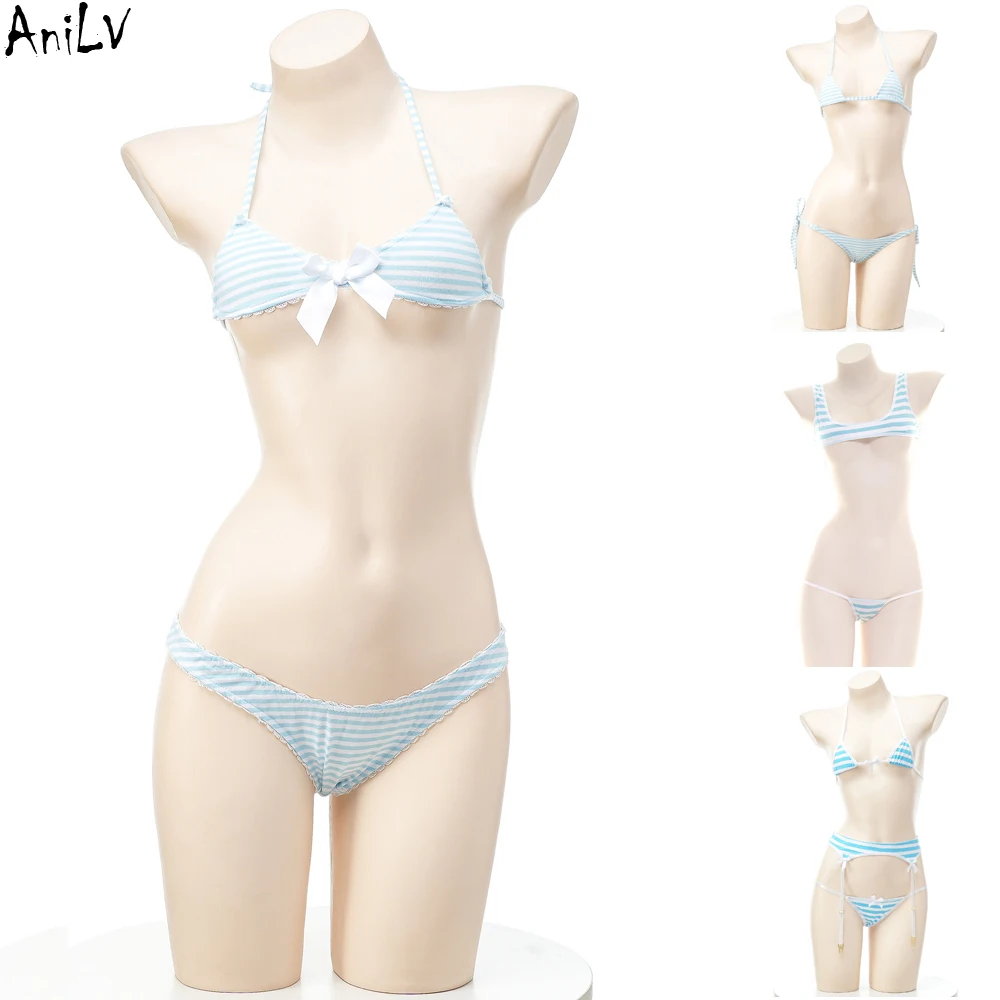 AniLV So Cute Striped Bikini Set Beach Swimsuit Anime Kawaii Girl Sexy Lingerie Outfits Women Erotic Underwear Pajamas Costume