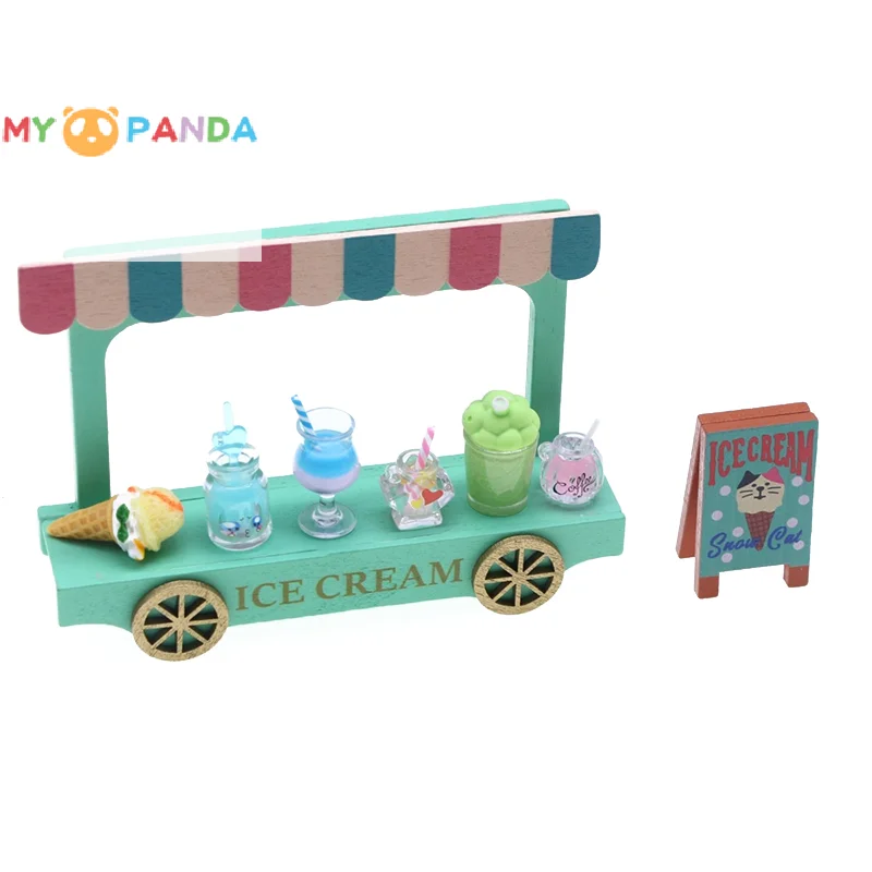 

8Pcs/set 1:12 Dollhouse Miniature Wooden Ice Cream Cart Mini Popsicle Trolley Ice Cream Drinks Cart Summer Scene Model Decor Toy