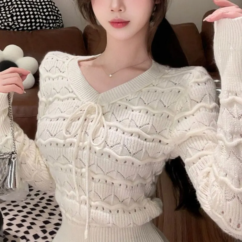 Basic Hollow Out Fashion Drawstring Sweaters Autumn Winter New Solid Color Female Clothing Slim V-Neck Korean Knitted Pullovers