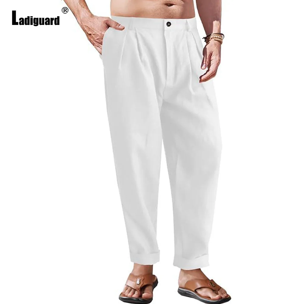 Solid White Apricot Pocket Cotton Linen Pants Men's Ankle-Length Trouser Plus Size Mens Casual Sports Running Beach Hotpants New